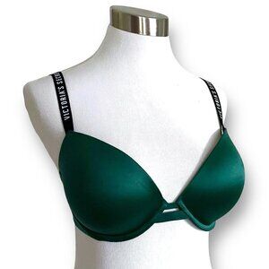Victorias Secret 32DD Very Sexy Push Up Bra Green Satin Underwire Logo Straps